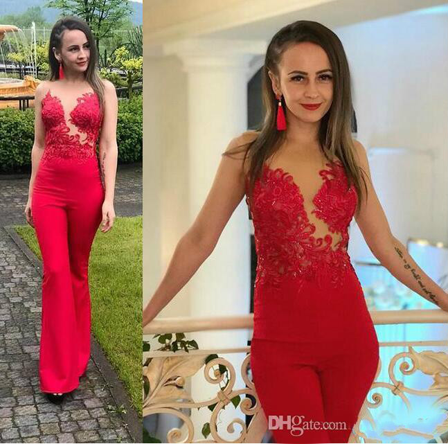

2020 Red Prom Jumpsuits Sheer Jewel Neck Lace Appliqued Sequins Sleeveless Evening Gowns Custom Made Satin Cheap Cocktail Party Dress, Daffodil