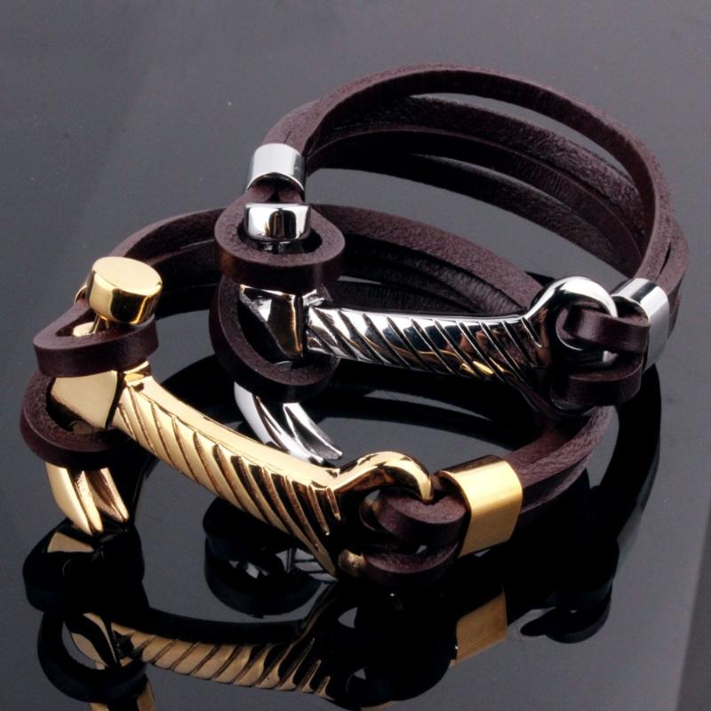 

Cuff Stainless Steel Gold/Silver Tone Black Genuine Leather Hammer Design Bracelet Chain Men's Boy's Jewelry 9"