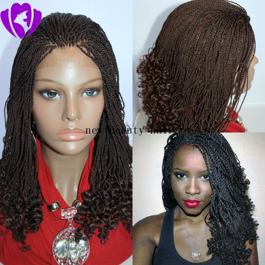 

Short Natural Brown Synthetic Lace Front Braided Hair Kinky Twist Tips Black Women micro Braid Wigs Free Shipping, Dark brown