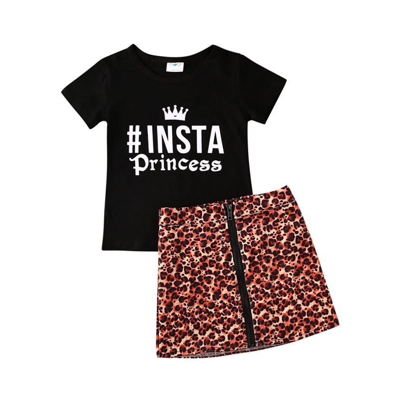 

2020 Fashion Toddler Kids Baby Girl summer Outfit short sleeve black Top T-shirt mini zipper Leopard Skirts girls Clothes Set