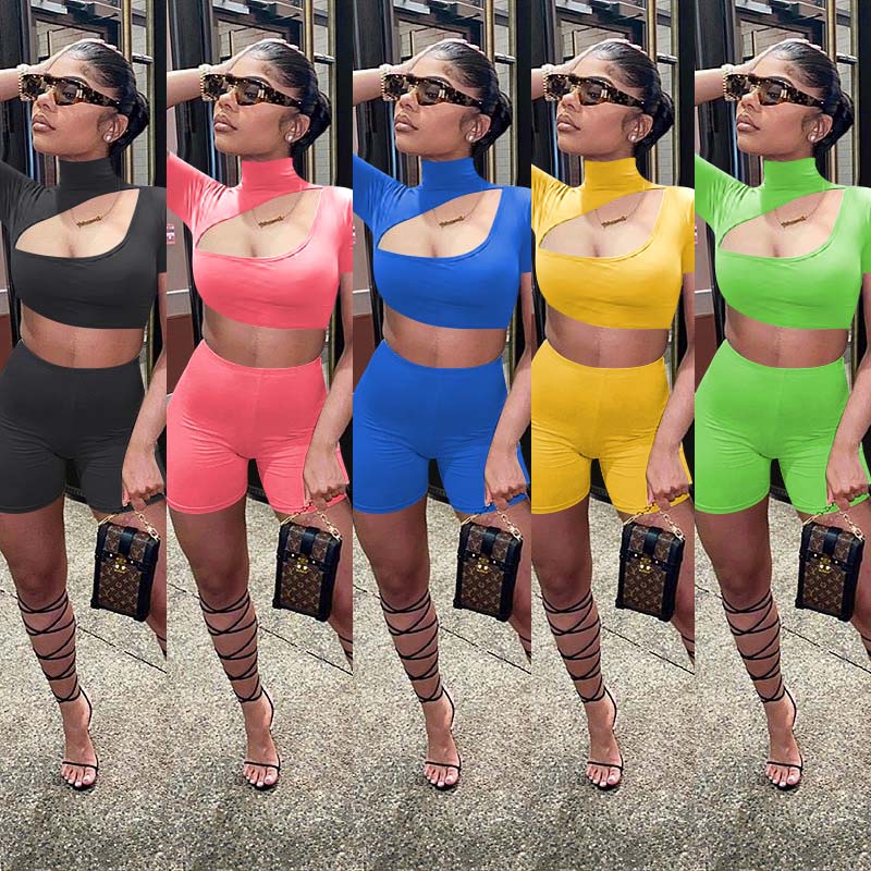 

womens sexy 2 two piece outfits sets Stand collar hollow out crop top biker shorts tracksuits summer clothes streetwear plus size clothing, Yellow