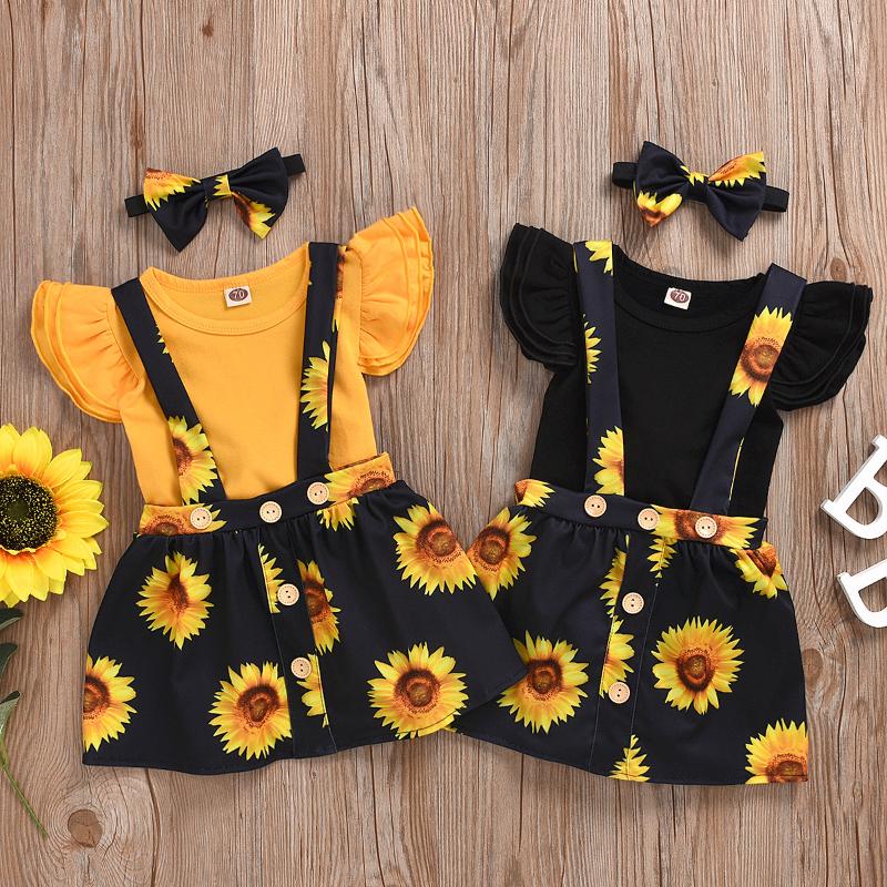 

Newborn Infant Baby Girls summer Clothes Sets Bodysuit Tops Sunflower Strap Dress 3pcs Casual Headbands Outfits 0-24M, Black