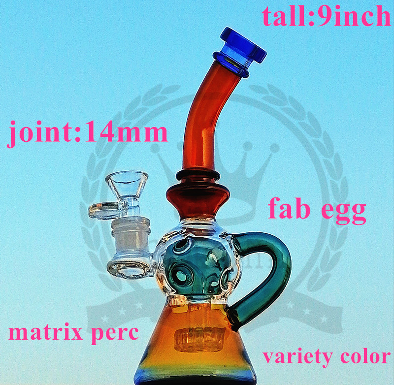 

Beaker Bong 9inch color Recycler Pink glass bong matrix fab egg burner oil rig purple green blue black glass water pipes hitman bongs