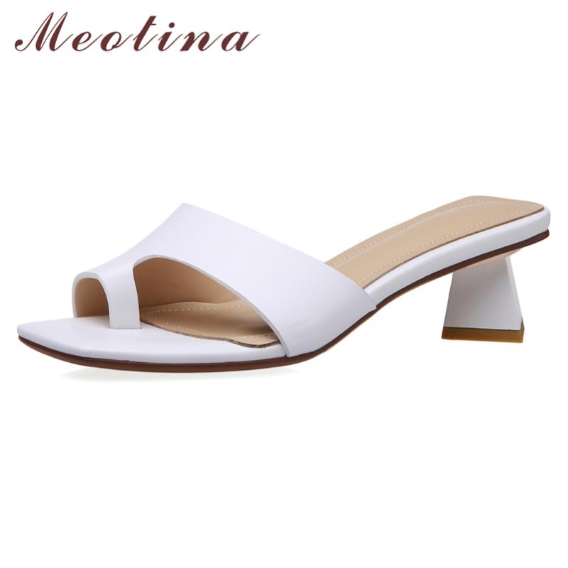 

Meotina Flip Flops Women Shoes Genuine Leather Mid Heel Slippers Square Toe Block Heels Ladies Slides Summer Sandals Big Size 40, White