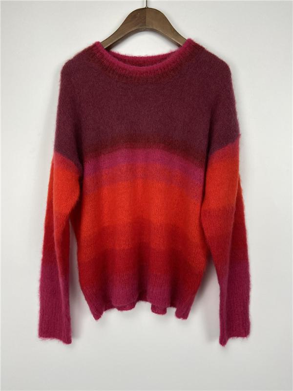 

ElfStyle] - RED Contrast colors Striped Mohair Blend SWEATERS Round Neck Loose Jumper WOMAN KNITS