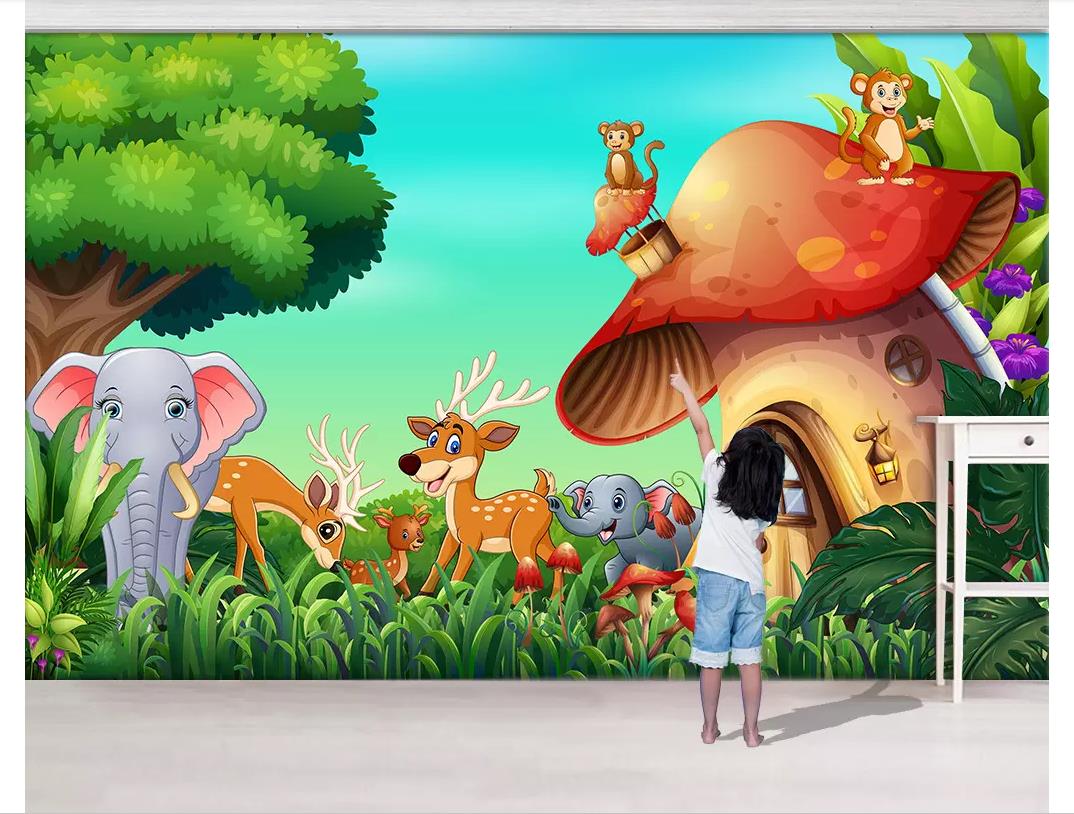 

Custom 3d photo murals wall paper home decor Animal forest elephant monkey mushroom house children's room background wall papel de parede, Custom any size