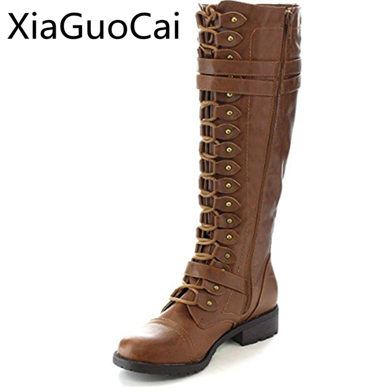 

Fashion Women Motorcycle Boots Lace Up Riding Bootsl Knee High Long Boots Winter Round Toe Leather Shoes Plus Size 43, Black