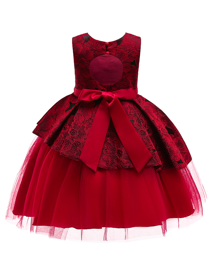 

1pcs Baby Girls Backless Princess Prom Dresses Sleeveless Lace Flower Embroidered Patchwork Formal Gowns party Dress Kids Designer Clothes, Red
