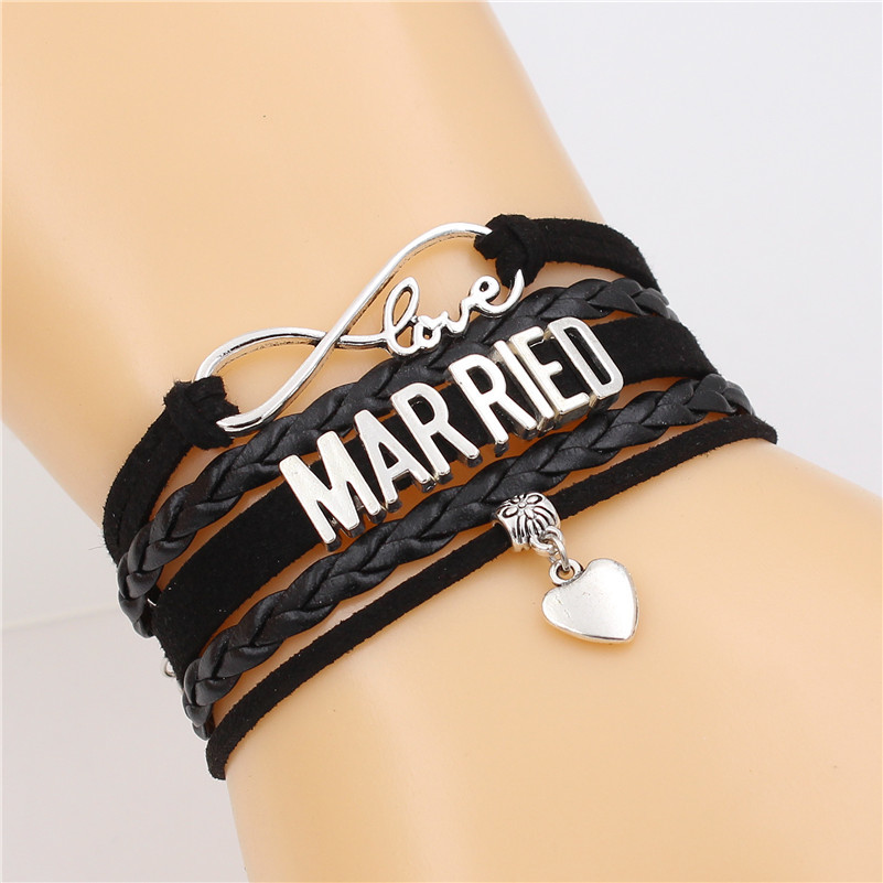 

7 Colors New Fashion Antique Silver Color Married Alphabets Leather Bracelets Heart Charm Vintage Jewelry Gift For Women Men