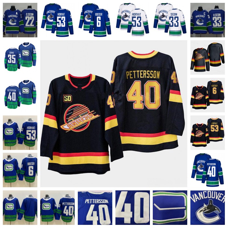 

50th Vancouver Canucks 40 Elias Pettersson Brock Boeser Daniel Henrik Sedin Thatcher Demko Bo Horvat Blue White Black Third Hockey Jerseys, 53 blue