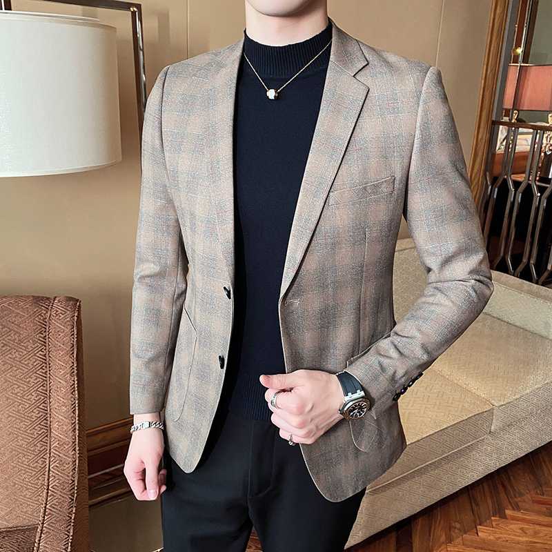 

2020 New style Men' high quality pure cotton plaid business suit / Male fashion slim fit Leisure Blazers Coat Plus size -4XL, Gray