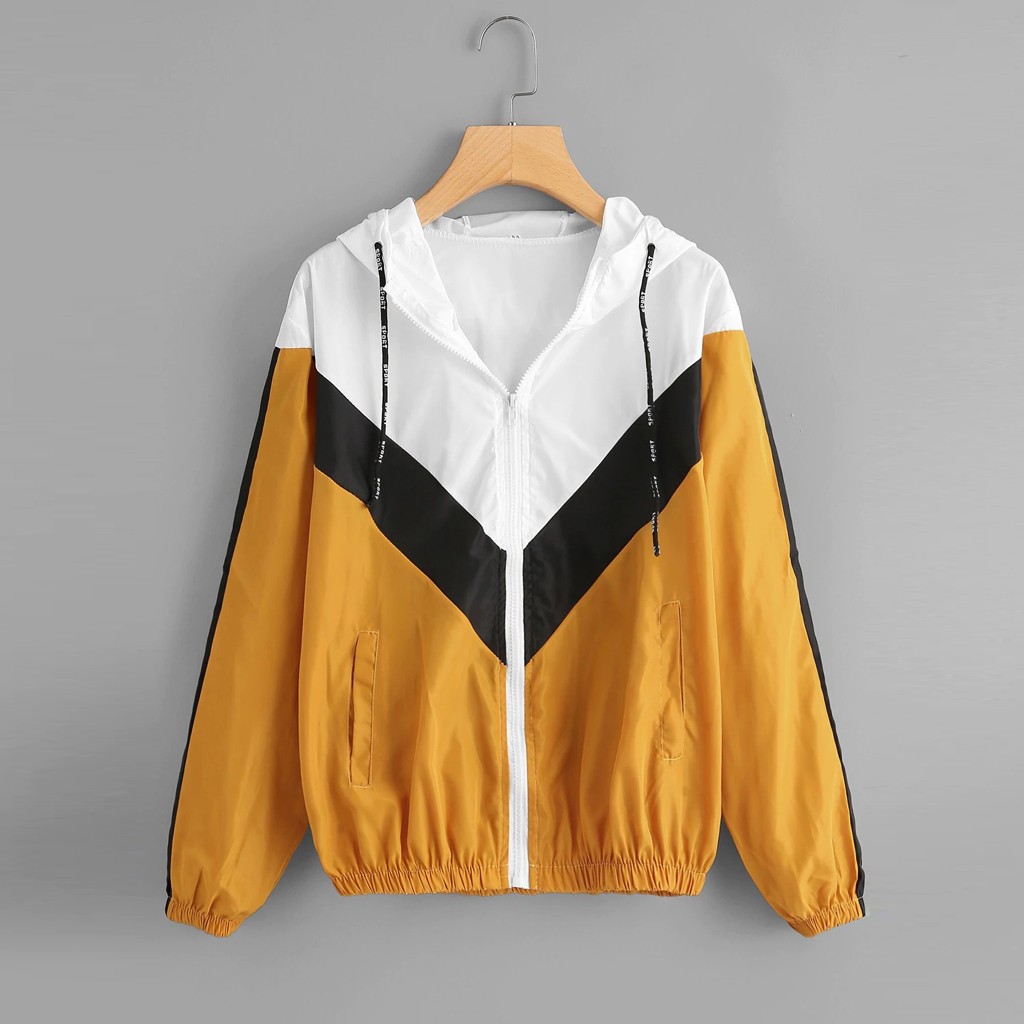 

Women' Casual long-sleeved Hooded Zipper Pocket Stitching Contrast Color Windbreaker Jacket Autumn And Winter, Yellow
