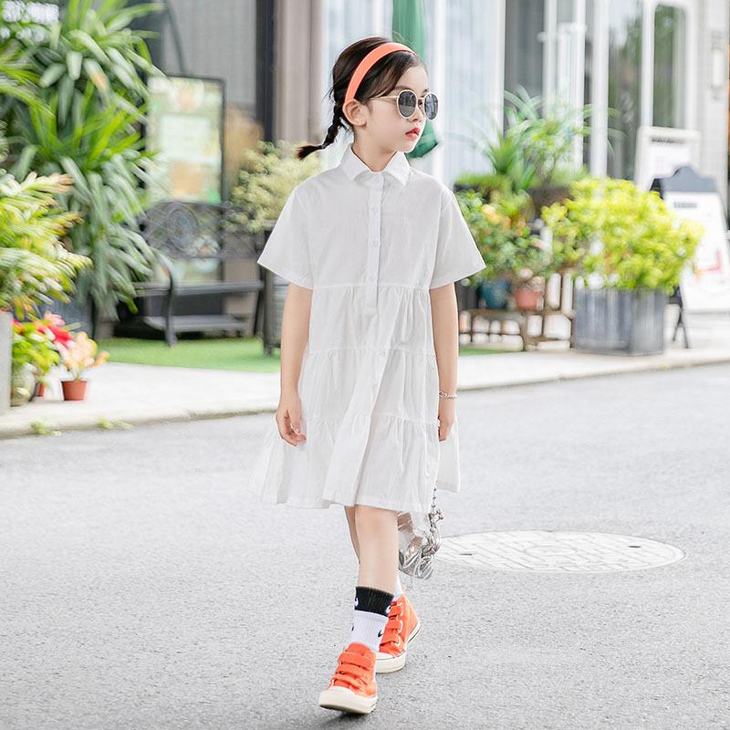 

Children Summer Girls Clothing 2020 New Big Girls Casual Dress Turn Down Collar Kids Elegant Dresses Fashion Cotton, White