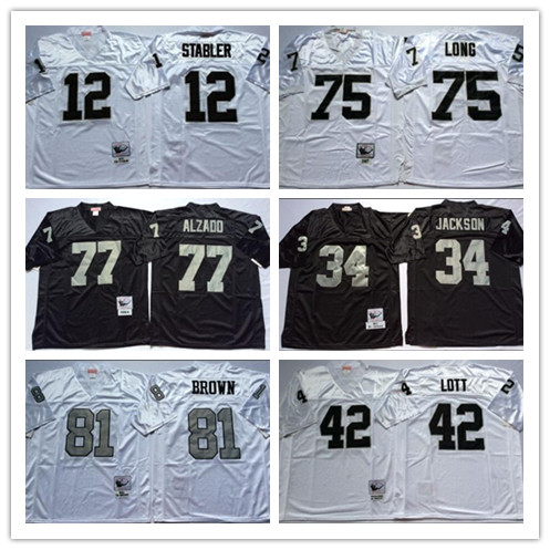 

NCAA Football 81 Tim Brown Jerseys 12 Ken Stabler 34 JACKSON 75 Howie Long 42 Ronnie Lott 77 Lyle Alzado Vintage Jersey White Black Stitched, 34 white