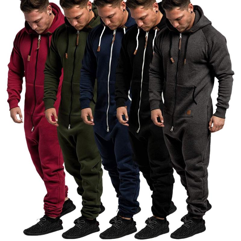 

2020 Spring Men Pure Color Splicing Jumpsuit Winter Casual Hoodie Zipper Jumpsuit One Piece Playsuit Male Plus Size 2XL-3XL