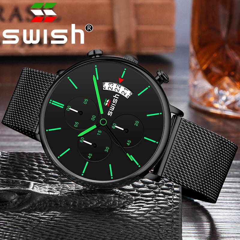 

SWISH Men Watch Quartz Watch Man Sports Waterproof Wrist Watches Luxury Brand Men Stainless Steel Wristwatch Mens LY191226, Black