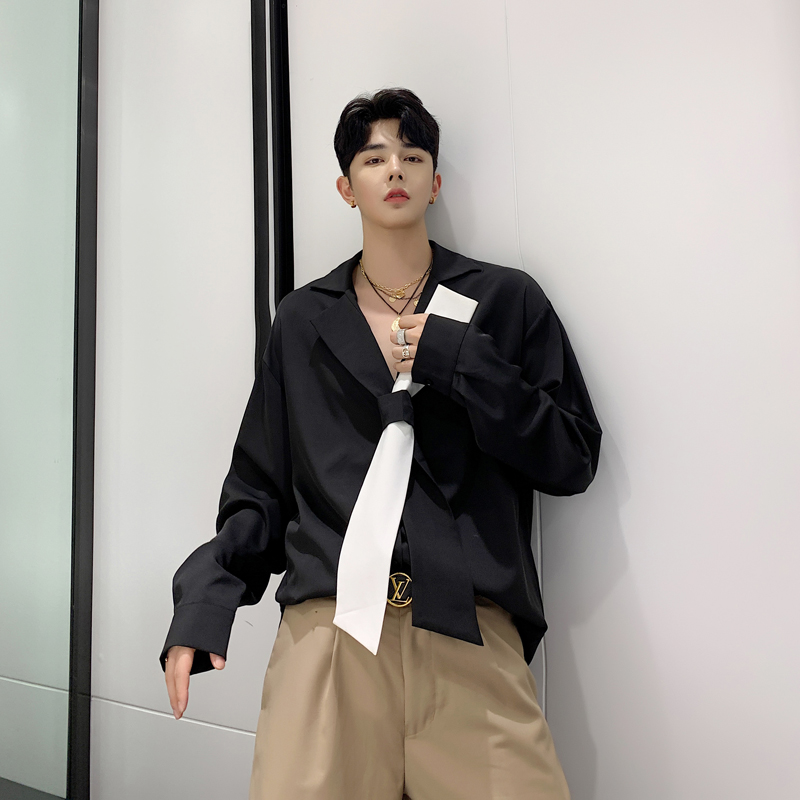 

Men Long Sleeve Loose Splice Tie Collar Casual Shirt Male Streetwear Hip Hop Party Dress Shirts Stage Show Clothes, Black