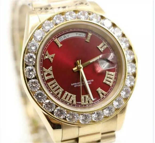 

Red Luxury Watche Brand Gold President Day-Date Big Diamonds Role Watch Men Stainless Steel Diamond Bezel Automatic Mens Reloj WristWatches