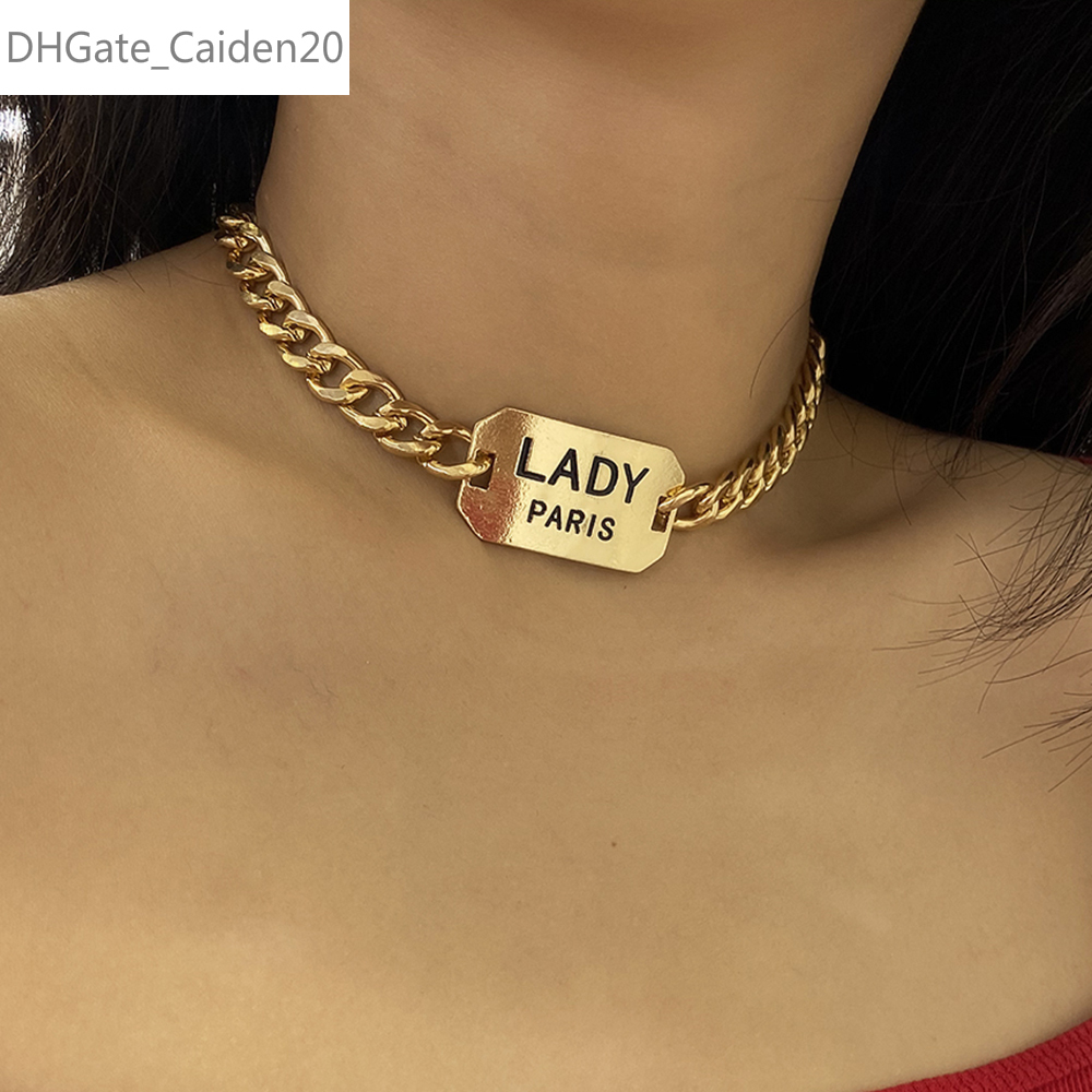 

Hip Hop Miami Curb Cuban Letter Lady Choker Necklaces Collar Geometric Square Pendant Necklaces For Women Jewelry