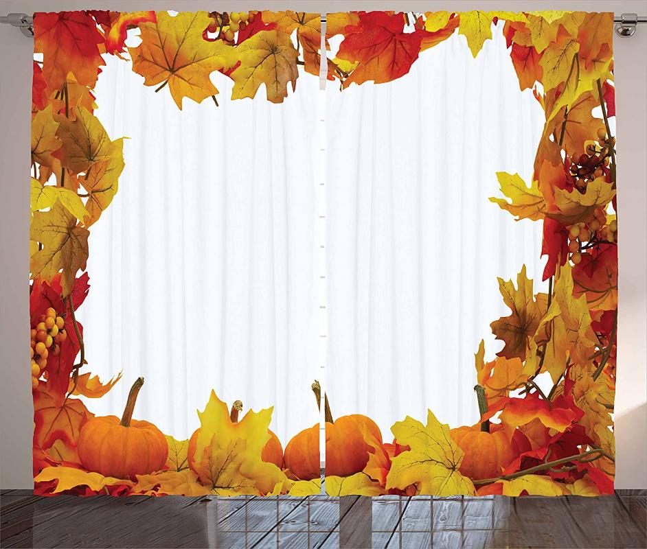 

Thanksgiving Curtains Dry Autumn Leaves and Ripe Pumpkins Seasonal Frame on White Backdrop Living Room Bedroom Window Drapes, As pic