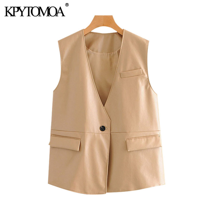 

KPYTOMOA Women 2020 Fashion Single Button Faux Leather Waistcoat Vintage V Neck Sleeveless Loose Female Vest Outerwear Chic Tops, As picture
