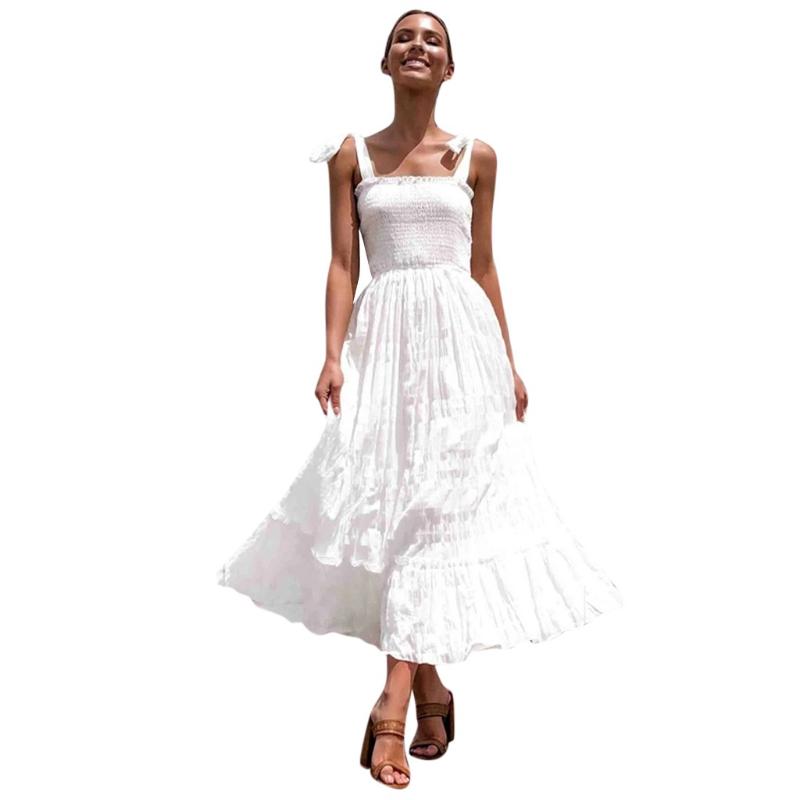 

Women Casual Solid Sleeveless O Neck Chest Off The Shoulder Pleated Dress sukienka maxi jurken zomer 2020, As pic