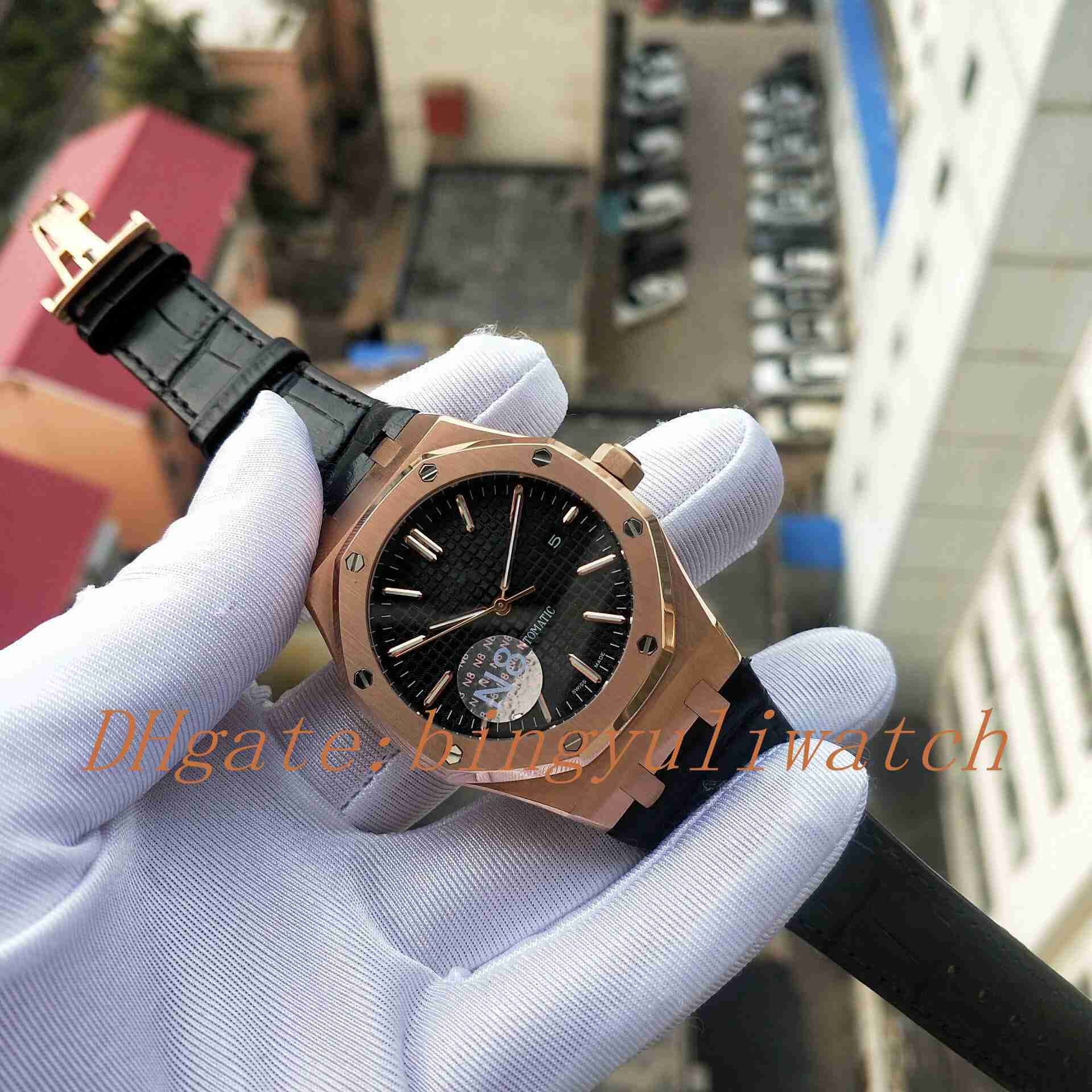 

Luxury N8F Factory Rose Gold Watch Automatic Movement Christmas Gift Black Leather Band Mens Watches Best quality Transparent Back Men Watch, 01