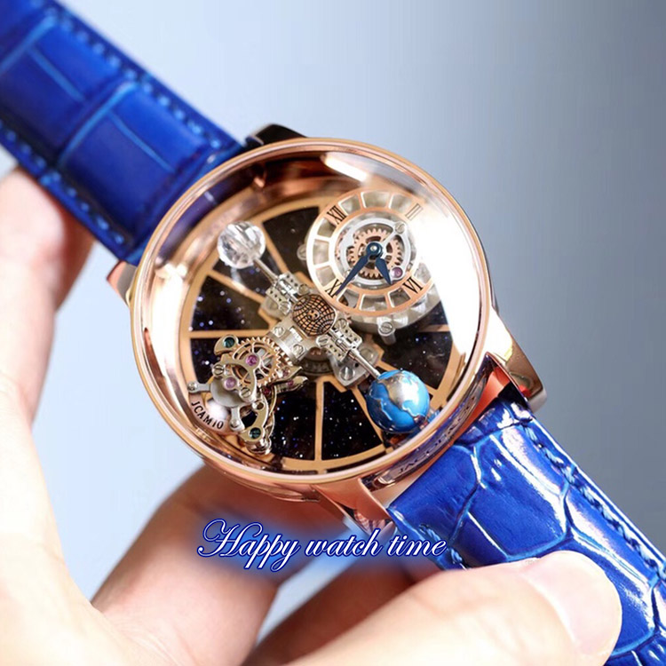 

Static version EPIC X CHRONO CR7 Watches Astronomical Tourbillon Skeleton Aventurine Dial Swiss Quartz Rose Gold Case Blue Strap Mens Watch, Professional waterproof