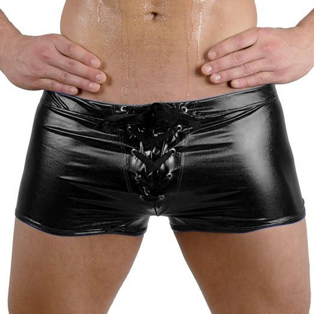

Mens Sexy Imitation Leather Bikini Briefs Swimwear BeachWear Trunk Underpants Novel Style Personalized Men's Underpants Briefs, Black