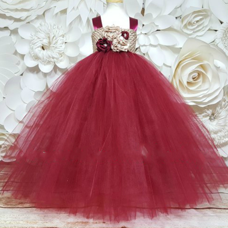 

Girls Burgundy Vintage Flower Tutu Dress Kids Crochet Tulle Dress Long Ball Gown Children Birthday Party Banquet Costume Dresses, Multi