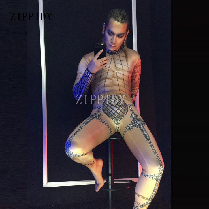 

Rhinestones Jumpsuit Big Stretch Leggings Sexy Bodysuit Men's Stage Costume One-piece Skinny Rompers Underwear Dance Outfit, As pic