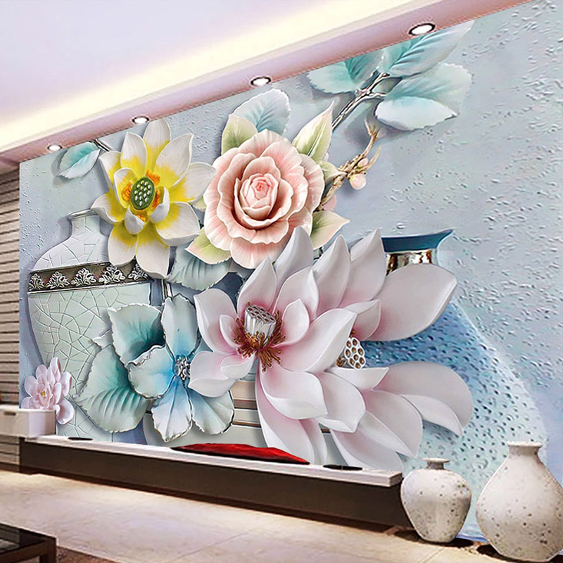 

Drop Shipping Custom Mural Wallpaper Modern 3D Embossed Vase Flowers TV Background Wall Painting Wall Papers Home Decor, As pic