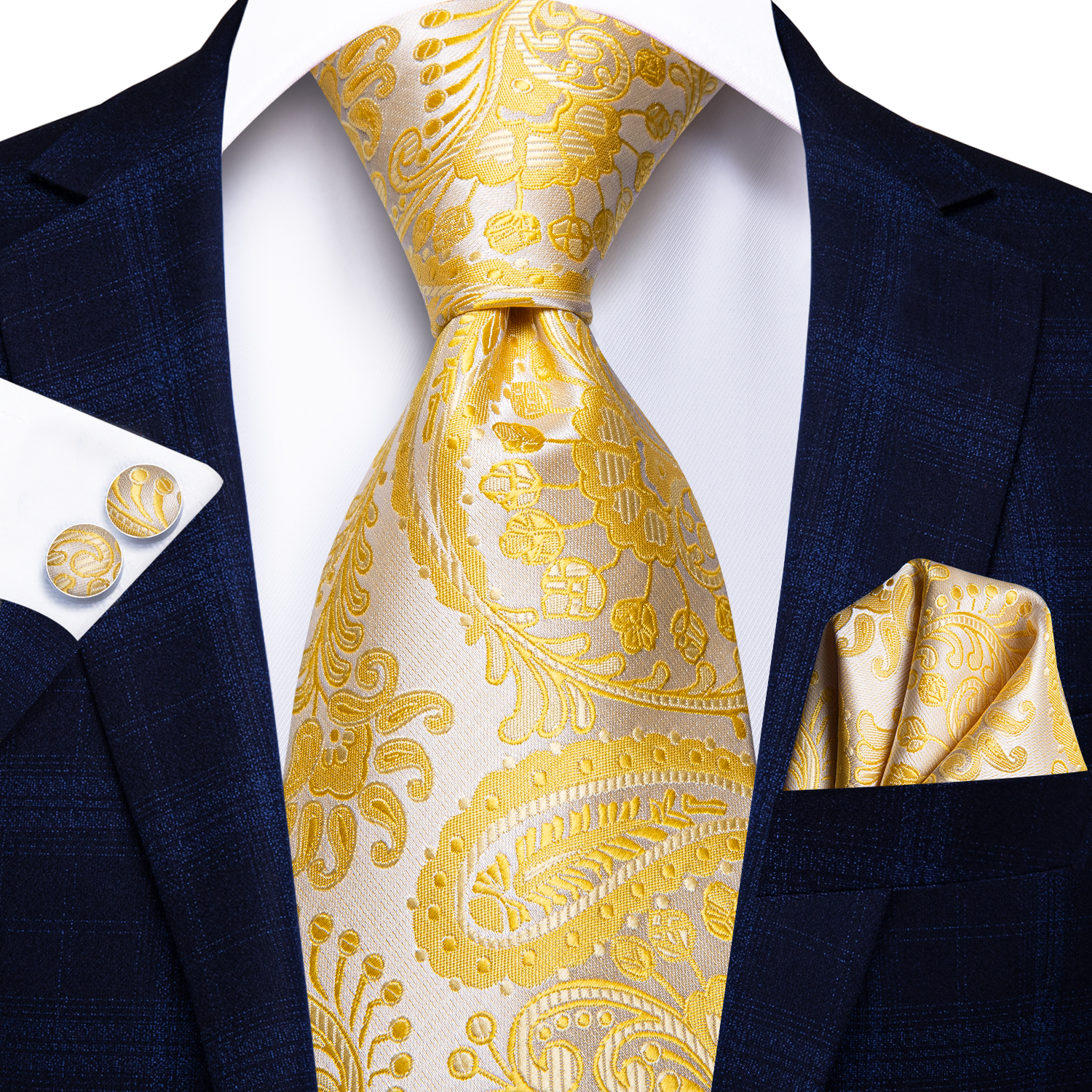 

Fast Shipping Fashion White Yellow Paisley Men's Silk Tie Set Wholesale Jacquard Necktie Pocket Square Cufflinks Wedding Business N-3234, Black;blue