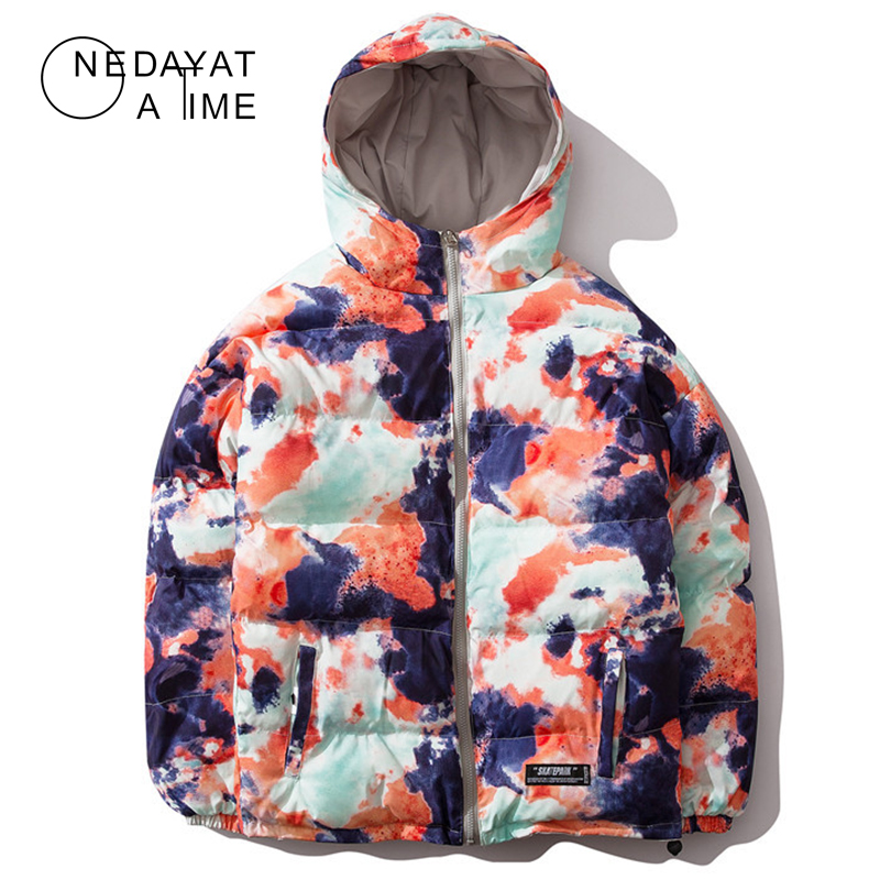 

Men Winter Hip Hop Graffiti Ink Tie Dye Hooded Double Faced Parka Jackets Streetwear Zip Up Cotton Padded Parkas Thick Warm Coat, Black