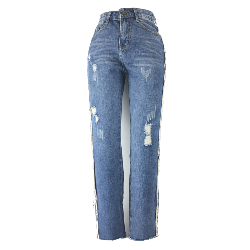 

2019 New Women Denim Jeans Ripped Pants Bleached Regular Skinny Jeans Color Blue