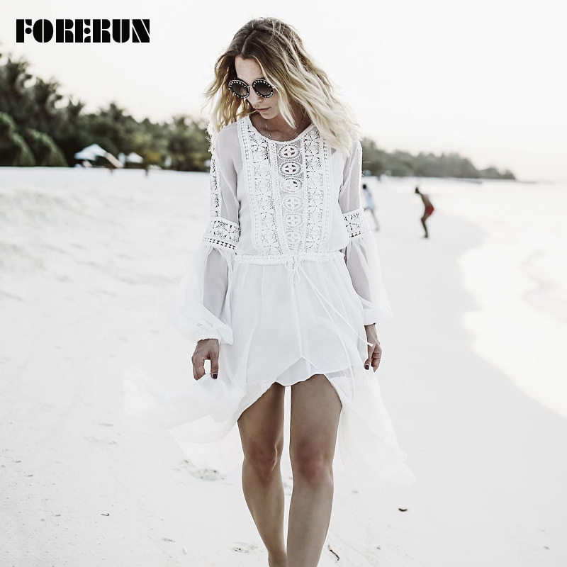 

FORERUN White Beach Dress Summer Bikini Transparent Cover Up Women Long Chiffon Dresses Saida De Praia Beachwear Pareo Plage