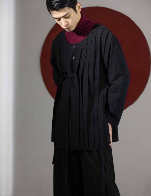 

6XL 2020 New men' clothing Hair Stylist BLACK PLEATED Chinese retro fringe tie casual Shirt plus size costumes