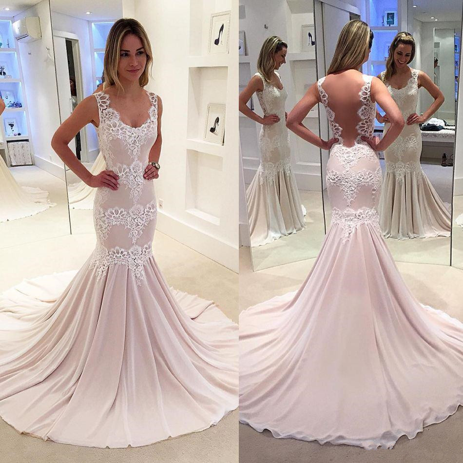 

New Peal Pink Mermaid Prom Dresses See Through Sweep Train Appliques Long Formal Evening Party Gowns Special Occasion Dress Plus Size 93, Nude
