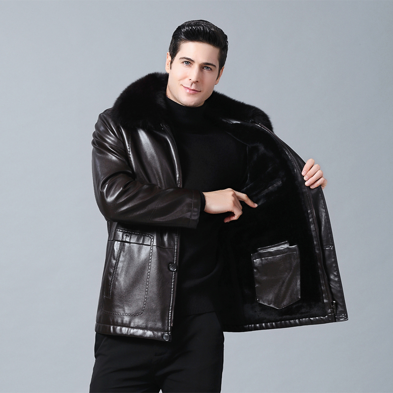 

Men Genuine Jacket Winter Faux Fur Sheepskin Coat For Men's Jacket Turn-down Collar Natural Leather, Black