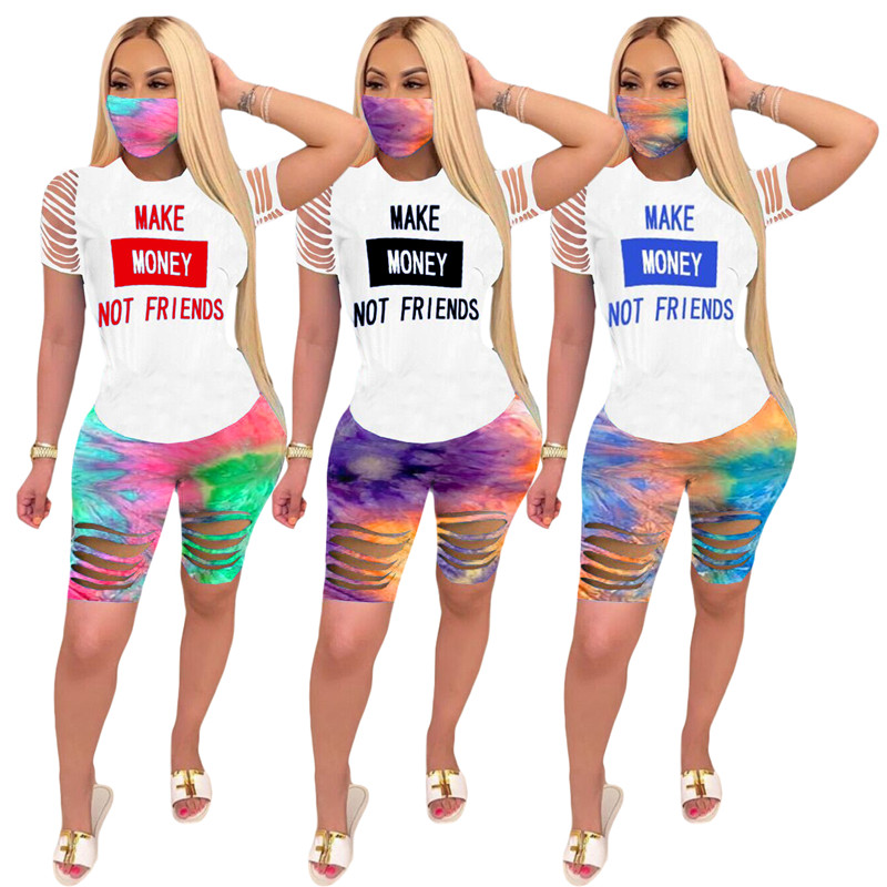 

Women Tracksuit letter ripped sportswear casual 2 piece set short sleeve t shirts+shorts summer clothes sports solid color jogger suit 3368, Black