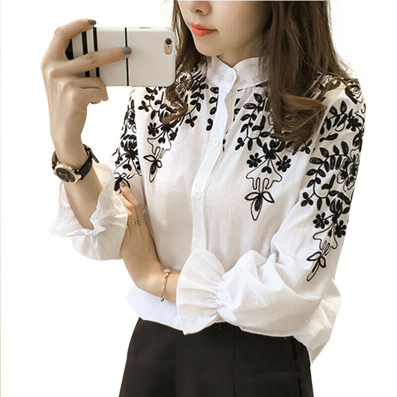 

Women Long Sleeve Embroidery Floral Blouse Shirt Office Ladies Female Summer Shirts Clothes Plus Size, Black
