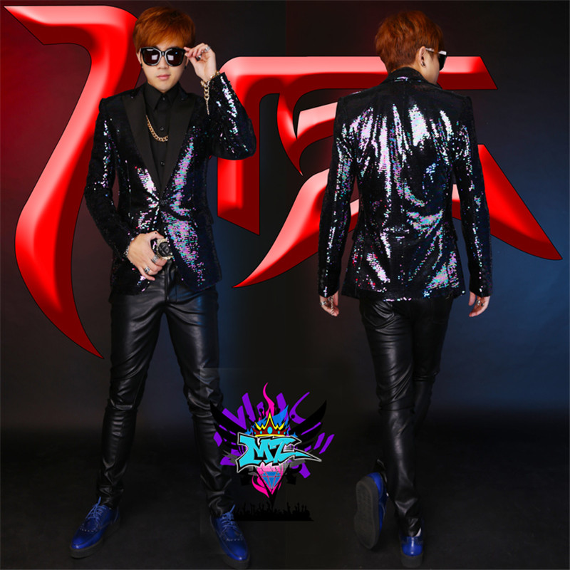 

2020 Men Designs Stage Costumes For Sequin Blazer Dance Clothes Star Style Punk Colorful purple and green sequined slim Coat