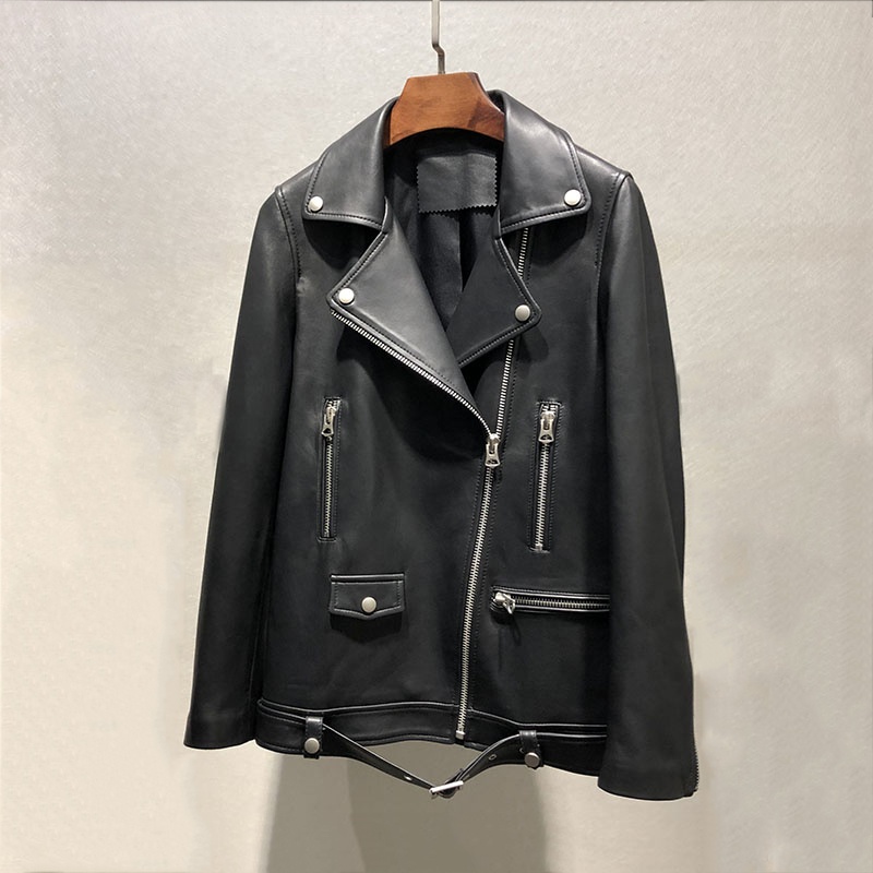 

2019 Autumn loose fit style garment classic100% lambskin leather overcoat solid biker jacket lady zip up bomber jacket coat, Black
