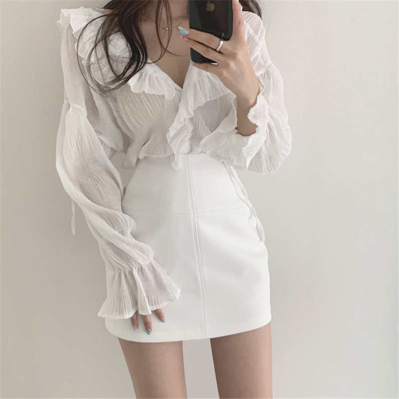 

Alien Kitty All Match Chic Chiffon Pleated Solid 2020 Loose Ruffles Casual Sweet Full Sleeves Streetwear Girls Tops Shirts, White