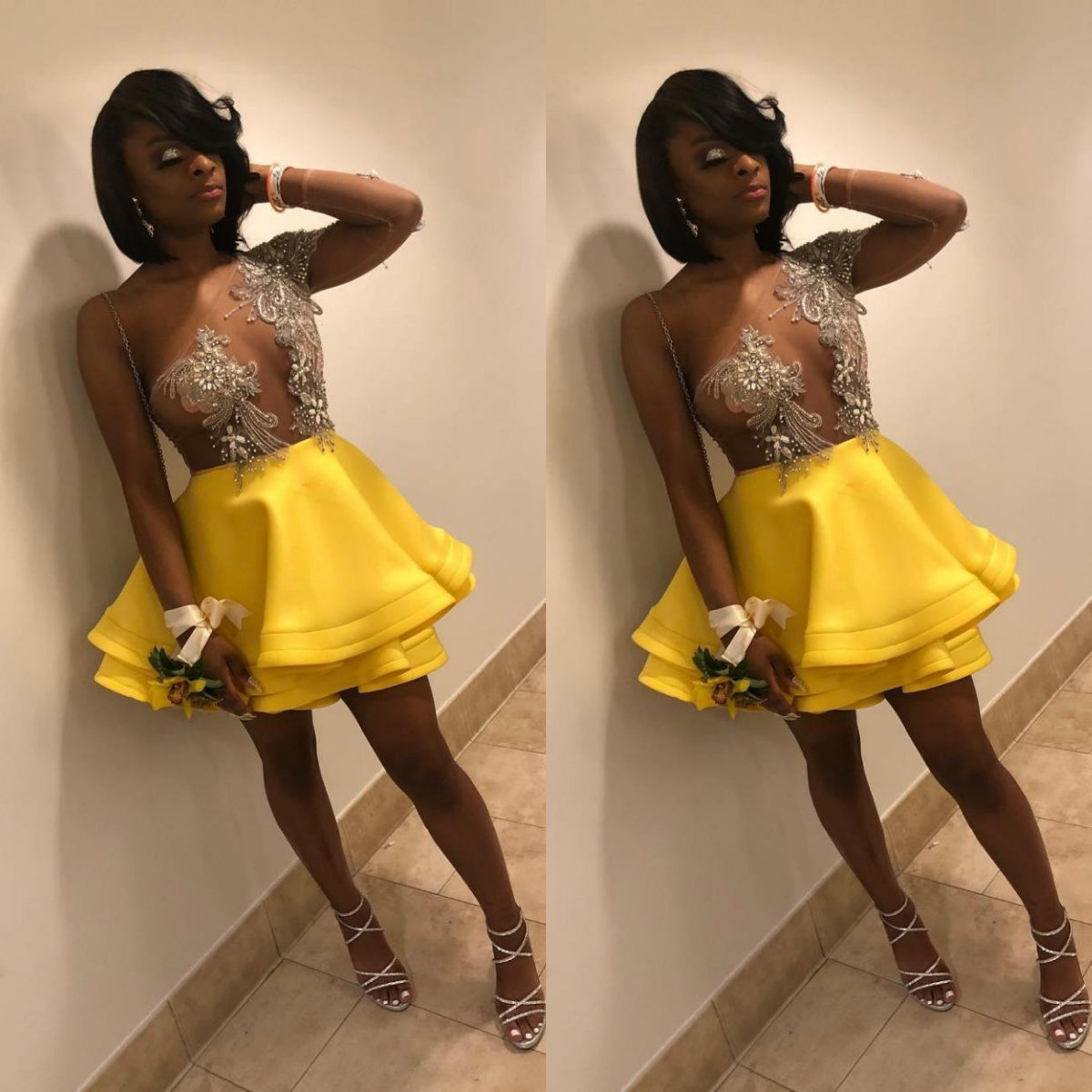 

2020 New Yellow Cocktail Dresses Party Club Wear One Shoulder Sheer Lace Crystals Short Prom Evening Gowns Tiered Skirts, White