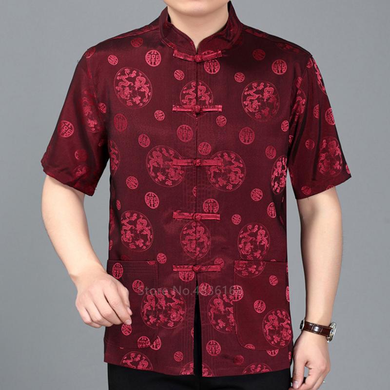 

Chinese Top Satin Silk Short Sleeve Tang Suit Vintage Floral Collar Traditional Chinese Clothing for Men Shirts Hanfu