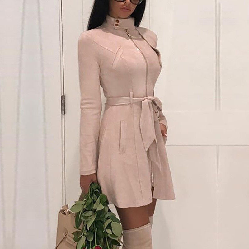 

Fashion Autumn Spring Women Trench Turtleneck Coat with Sashes Zipper Casual Long Sleeve Office Ladies Outwear Vestidos 6Q2468, Black