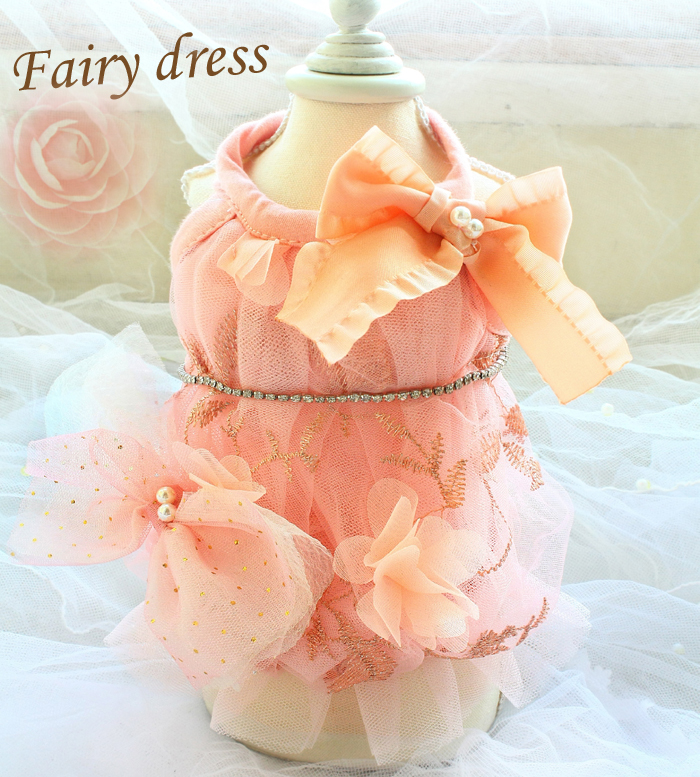

Free shipping handmade dog clothes embroidery gauze bow French style fairy dog dress for cat apparel small pet doggie, Orange pink