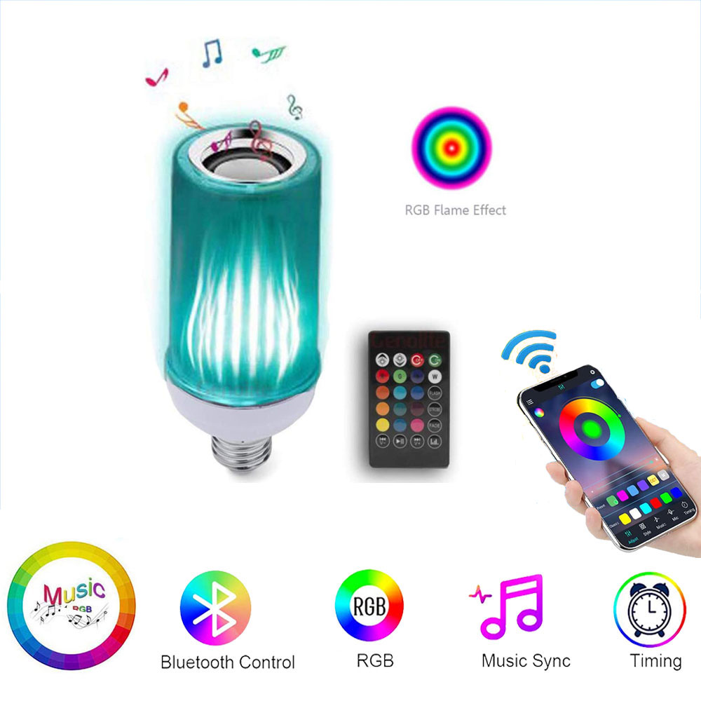 

Bluetooth App Remote Control AC 85-265V 9W RGB Flame Fire LED Bulb Lights with Speaker, Atmosphere Flickering Portable Lamp for Party, Home