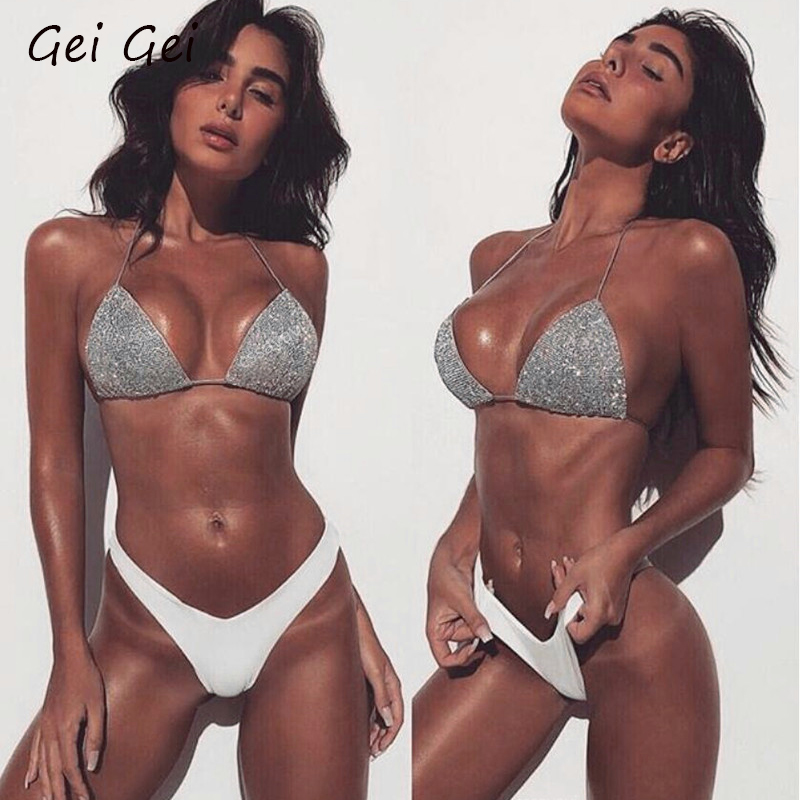 

Glitter fabric bikini swimsuit women summer gather bra silver grey swimwear Brazil seaside sports 2-piece beach femme biquini